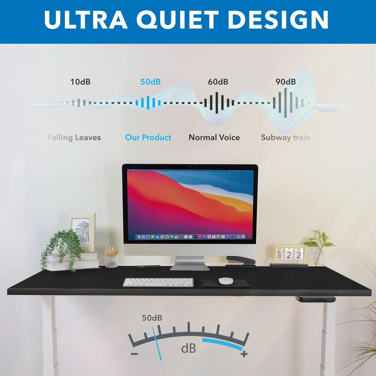 A modern ergonomic workspace showcases the Mount-It! Ultimate Dual Motor Electric Standing Desk with 55" tabletop, computer monitor, plants, and accessories. A graphic highlights its ultra quiet 50dB operation—quieter than normal conversation. Text: Ultra Quiet Design.