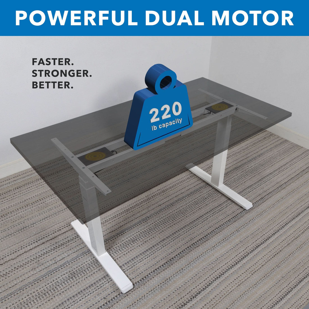 The Mount-It! Ultimate Dual Motor Electric Standing Desk with 55" Tabletop features white legs and a glass top, supports up to 220 lbs, and offers a powerful, faster, stronger motor—perfect for creating an ergonomic workspace.