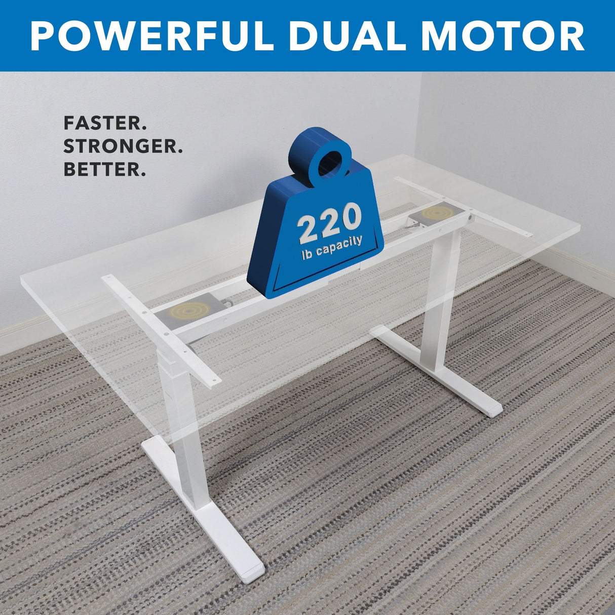 The Mount-It! Ultimate Dual Motor Electric Standing Desk with 55" tabletop features a transparent height-adjustable design, white frame, and a 220 lb capacity—POWERFUL DUAL MOTOR. FASTER. STRONGER. BETTER.—ideal for ergonomic workspaces.