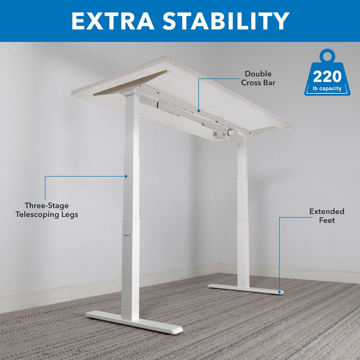 The Mount-It! Ultimate Dual Motor Electric Standing Desk with 55" Tabletop features extra stability with a double cross bar, three-stage telescoping legs, extended feet, and supports up to 220 lbs—ideal for ergonomic workspaces.