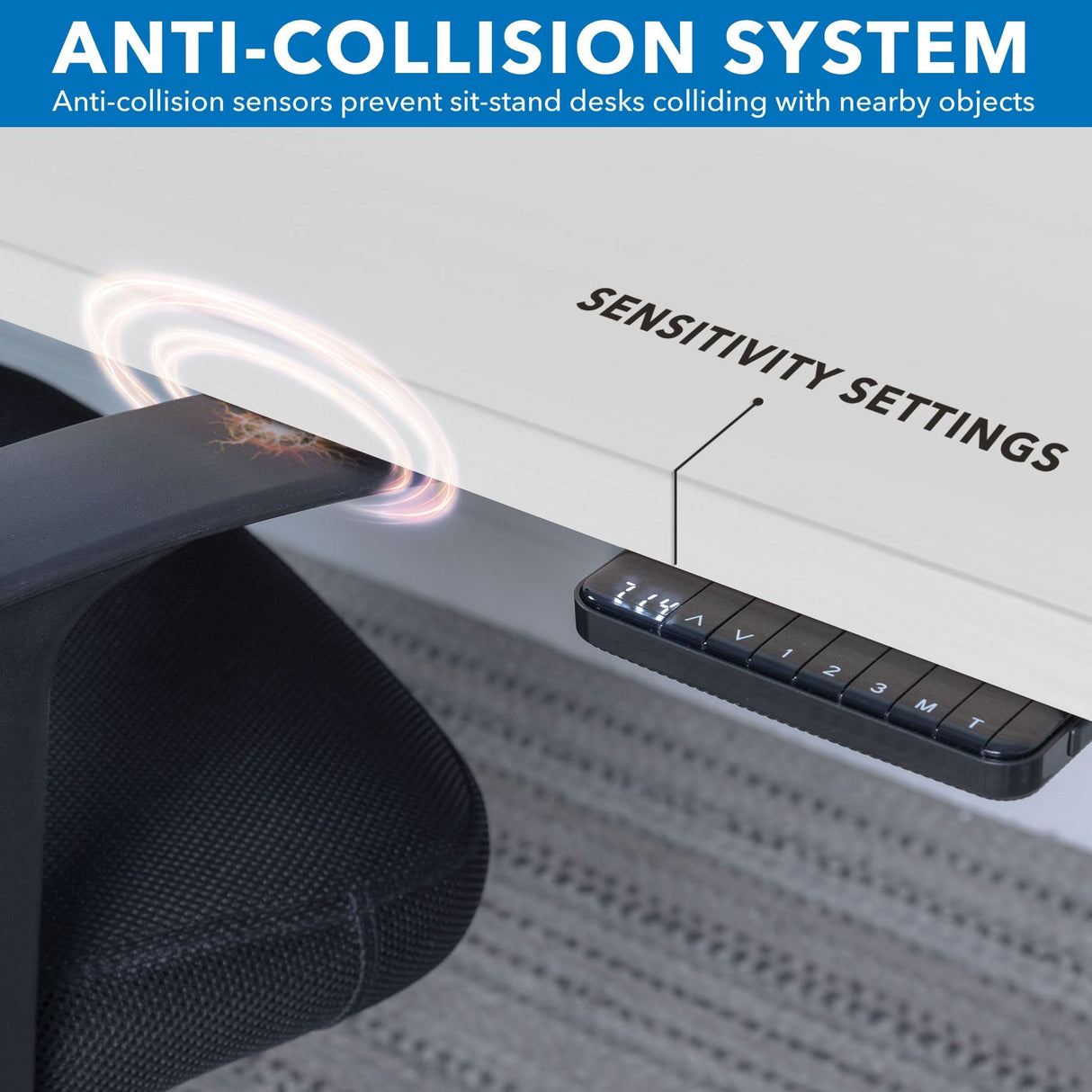 A close-up of the Mount-It! Ultimate Dual Motor Electric Standing Desk with 55" Tabletop shows a chair activating the anti-collision sensor near a “SENSITIVITY SETTINGS” panel, highlighting this ergonomic sit-stand desk’s advanced safety feature.