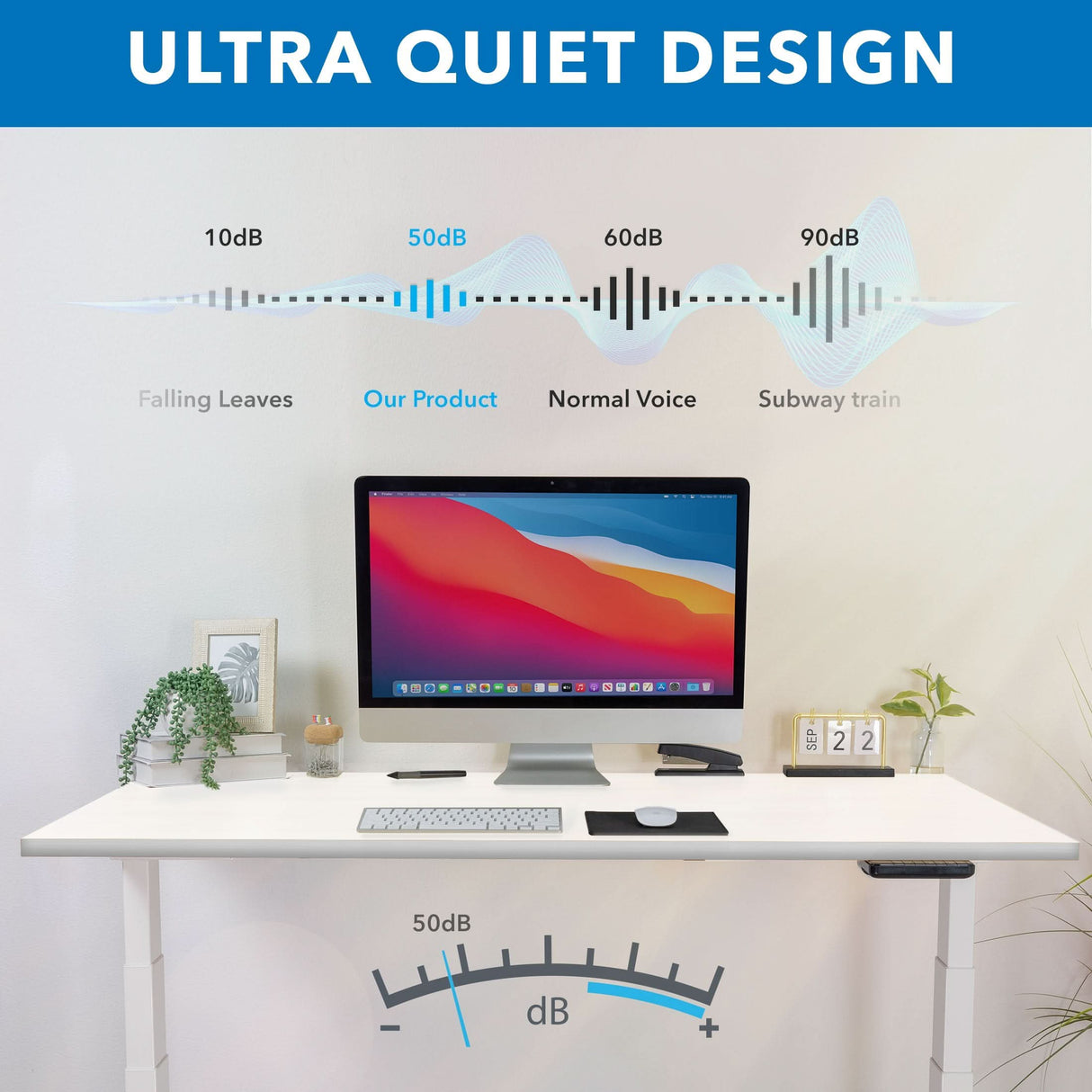 A Mount-It! Ultimate Dual Motor Electric Standing Desk with 55" tabletop features a computer setup and chart showing its ultra quiet 50 dB design—quieter than a normal voice or subway train. Ideal for ergonomic workspaces. Text reads Ultra Quiet Design.