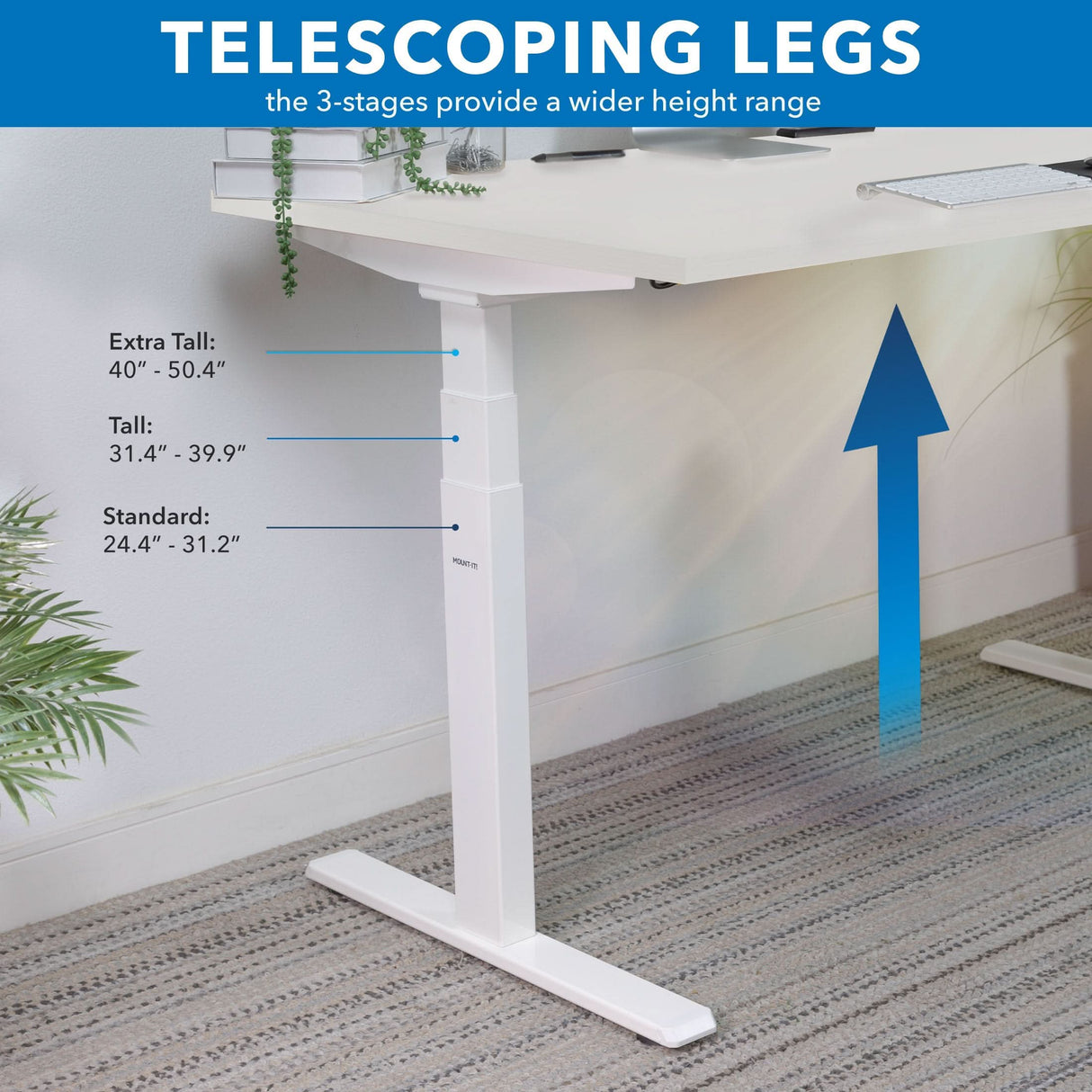 The Mount-It! Ultimate Dual Motor Electric Standing Desk with 55" Tabletop is shown at varying heights, with blue lines marking Standard (24.4-31.2"), Tall (31.4-39.9"), and Extra Tall (40-50.4") ranges for its telescoping legs.