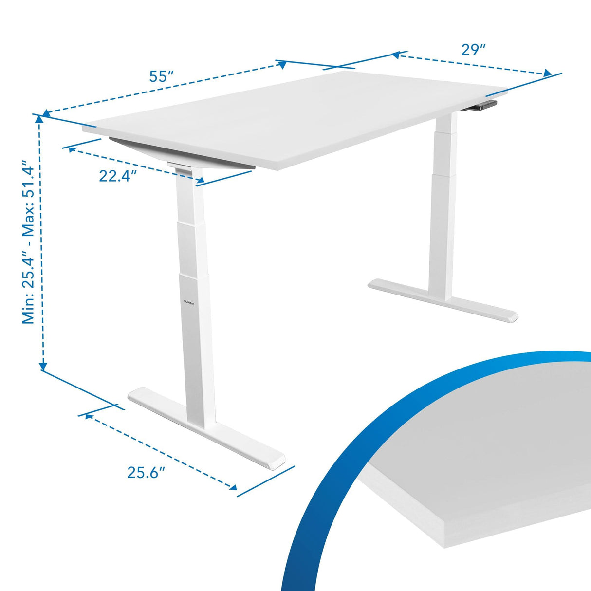 The Mount-It! Ultimate Dual Motor Electric Standing Desk features a 55" wide tabletop, 29" depth, height adjustable from 25.4" to 51.4", a 25.6" leg base, and 22.4" between legs, with an ergonomic corner highlighted for comfort.