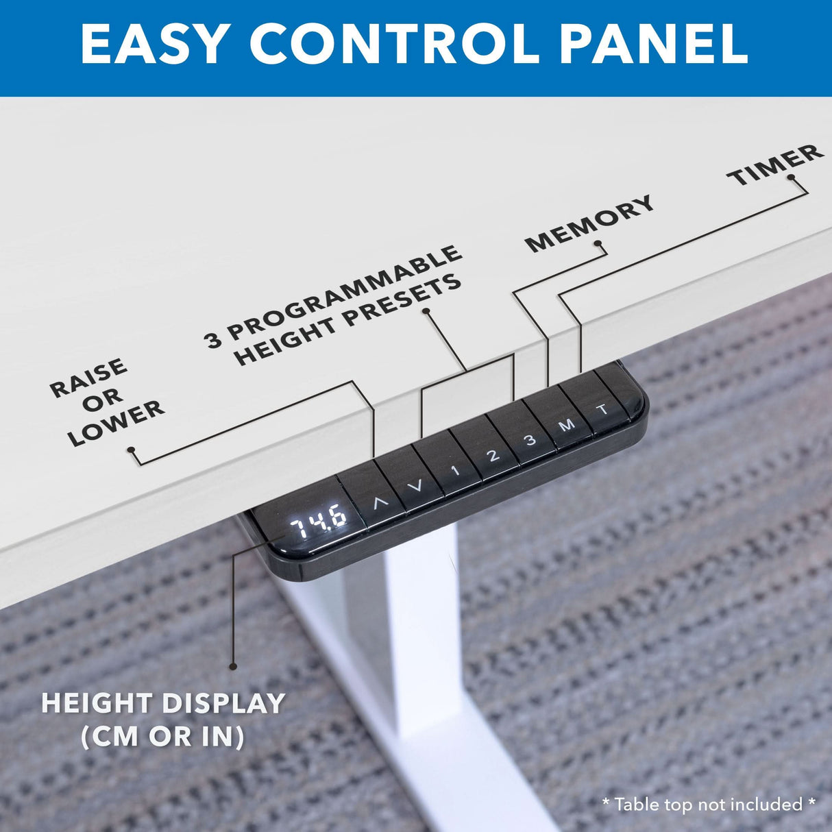 Close-up of the Mount-It! Ultimate Dual Motor Electric Standing Desk's control panel with labeled buttons, three memory presets, timer, and a digital height display (cm/inches). “Easy Control Panel” enhances your ergonomic workspace. 55" tabletop shown.