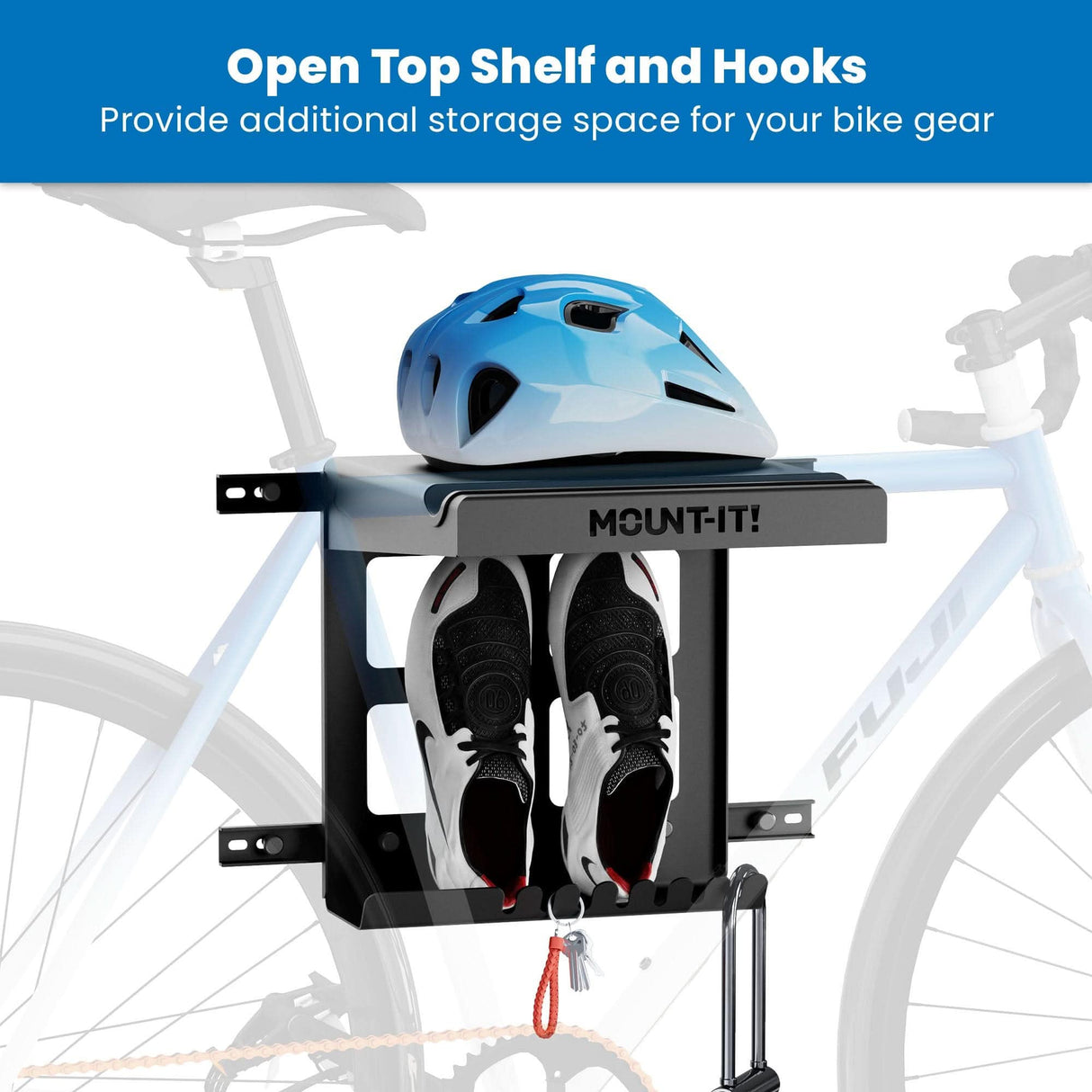 Bike Wall Mount with Shelf and Hooks Bicycle Mount - WheelsUp Series Bike Wall Mount with Shelf and Hooks - Mount-It! -