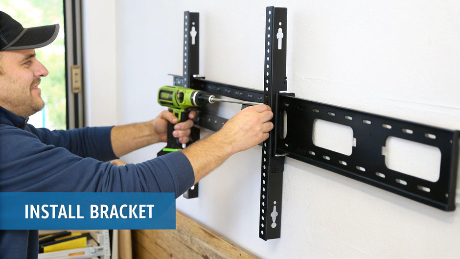 A man wearing a cap and navy blue shirt is using a cordless drill to install a black metal TV wall mount bracket onto a white wall. The bracket has multiple holes and slots for mounting adjustments. The scene captures a close-up of the installation process, focusing on securing the vertical bracket pieces to the horizontal base bracket against the wall in a bright room with natural light.
