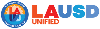 Logo of the Los Angeles Unified School District featuring a circular emblem with stylized letters "LAUSD" in red, orange, and blue colors, accompanied by the text "LOS ANGELES UNIFIED" in white on a blue ring around the emblem and the phrase "READY FOR THE WORLD" at the bottom, with the acronym "LAUSD" displayed prominently to the right in large, bold letters.