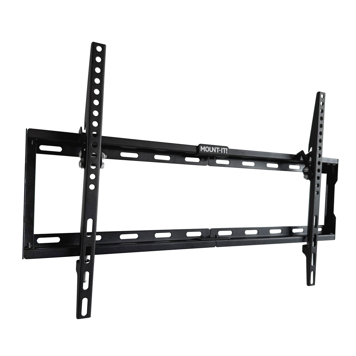 Mount-It! Low Profile Tilt TV Wall Mount made of durable black steel with multiple mounting holes, designed to securely hold flat-screen TVs 37 to 80 inches, featuring a slim 1-inch profile and adjustable tilt up to 10 degrees for optimal viewing angle and glare reduction, compatible with VESA patterns 200x200 to 600x400, ideal for a clean, space-saving installation in various room settings.