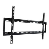Mount-It! Low Profile Tilt TV Wall Mount made of durable black steel with multiple mounting holes, designed to securely hold flat-screen TVs 37 to 80 inches, featuring a slim 1-inch profile and adjustable tilt up to 10 degrees for optimal viewing angle and glare reduction, compatible with VESA patterns 200x200 to 600x400, ideal for a clean, space-saving installation in various room settings.
