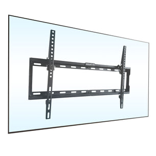 Mount-It! Low Profile Tilt TV Wall Mount securely attached to a flat-screen TV, showcasing its slim 1-inch profile designed to hold TVs from 37 to 80 inches with up to 121 lbs support, featuring tool-free tilt adjustment for reducing glare and improving viewing angles, made from durable steel with compatibility for various VESA patterns, ideal for a clean, space-saving installation in residential or commercial settings.