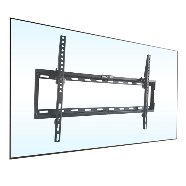 Mount-It! Low Profile Tilt TV Wall Mount securely attached to a flat-screen TV, showcasing its slim 1-inch profile designed to hold TVs from 37 to 80 inches with up to 121 lbs support, featuring tool-free tilt adjustment for reducing glare and improving viewing angles, made from durable steel with compatibility for various VESA patterns, ideal for a clean, space-saving installation in residential or commercial settings.