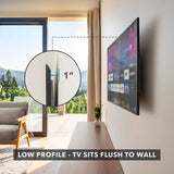 Side view of a wall-mounted TV in a modern living room, showing a 1-inch low-profile mount with text reading “Low Profile – TV Sits Flush to Wall.”