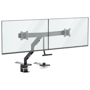 The Mount-It! Dual Monitor Mount with Gas Spring Arm and Crossbar in black securely clamps to your desk, supporting two large flat-screen monitors side by side for a tidy, adjustable dual monitor setup.