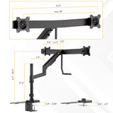 Diagram of the Mount-It! Dual Monitor Mount with Pole and Crossbar, featuring labeled measurements: max width 32.4", arm extension, height adjustments, and desk clamp size—perfect for an ergonomic workstation.