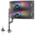 The Mount-It! Heavy-Duty Dual Stacking Monitor Mount in black securely clamps to your desk and holds two curved monitors vertically, featuring vibrant rear LED lighting for an ergonomic setup.
