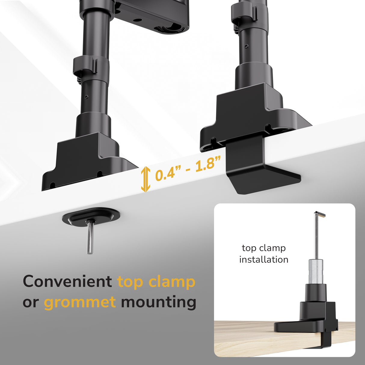 The Mount-It! Heavy-Duty Dual Stacking Monitor Mount attaches to desks 0.4–1.8" thick using a convenient top clamp or grommet mount—ideal for ergonomic setups. An inset shows the grommet option.
