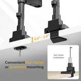 The Mount-It! Heavy-Duty Dual Stacking Monitor Mount attaches to desks 0.4–1.8" thick using a convenient top clamp or grommet mount—ideal for ergonomic setups. An inset shows the grommet option.