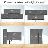 Wooden desks showcase four setups using the Mount-It! Heavy-Duty Triple Monitor Mount—supporting stacked 35-inch and 49-inch screens and dual 49-inch ultrawides—with stable gas spring arms for flexible monitor positioning.