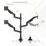 Diagram of the Mount-It! Heavy-Duty Triple Monitor Mount with gas spring arms, showing labeled measurements: max wingspan 36.8", arm lengths, max height 10.5", and clamp/grommet sizes for desk mounting.