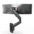 The Mount-It! Heavy-Duty Single Monitor Wall Mount is shown from the back against a white background, supporting a wide curved ultrawide monitor. The adjustable arm features RGB lighting around the mount.