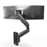 The Mount-It! Heavy-Duty Single Monitor Wall Mount is shown from the back against a white background, supporting a wide curved ultrawide monitor. The adjustable arm features RGB lighting around the mount.