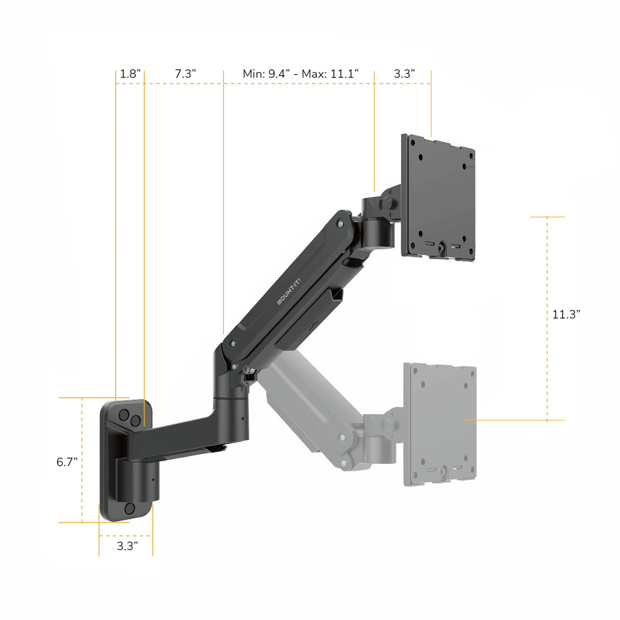 The Mount-It! Heavy-Duty Single Monitor Wall Mount is shown in black with measurements for height, arm extension, and base size. The adjustable monitor plate in two positions shows its ergonomic range, perfect for any workstation setup.