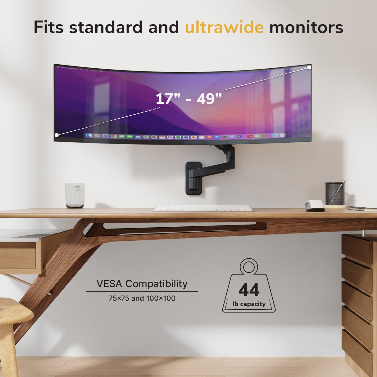 The Mount-It! Heavy-Duty Single Monitor Wall Mount supports 17-49" monitors, VESA 75x75 & 100x100, and up to 44 lbs—perfect for mounting a large curved ultrawide above your desk.