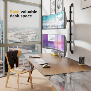 Modern office with city view, featuring a wooden desk, chair, keyboard, mouse, and two monitors stacked using the Mount-It! Heavy-Duty Dual Stacked Monitor Wall Mount. "Save valuable desk space" appears on the window.