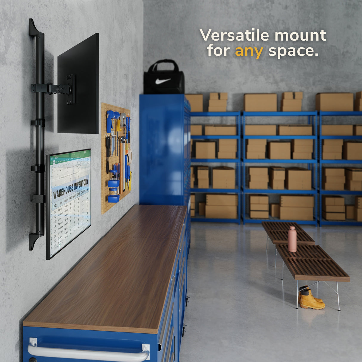 A modern warehouse workspace features the Mount-It! Heavy-Duty Dual Stacked Monitor Wall Mount with a document holder above a wooden workbench, blue cabinets, wall tools, shelves with boxes, bench, shoes, and text: Versatile mount for any space.