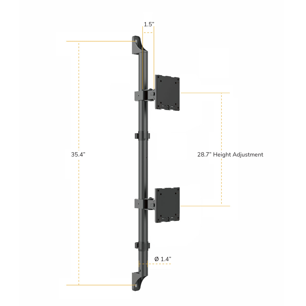 The Mount-It! Heavy-Duty Dual Stacked Monitor Wall Mount features a vertical metal rail with adjustable brackets, 35.4" high, 1.5" wide, 1.4" diameter, and allows 28.7" bracket height adjustment—ideal for stacked monitor setups.