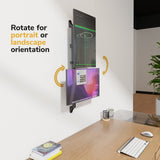The Mount-It! Heavy-Duty Dual Stacked Monitor Wall Mount displays two screens above a desk—one portrait, one landscape. Yellow arrows highlight rotation. Text reads: Rotate for portrait or landscape orientation.