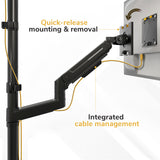 The Mount-It! Heavy Duty Dual Stacked Monitor Wall Mount with Gas Spring offers quick-release mounting, integrated yellow cable management, and ergonomic design—perfect for organizing monitors efficiently.