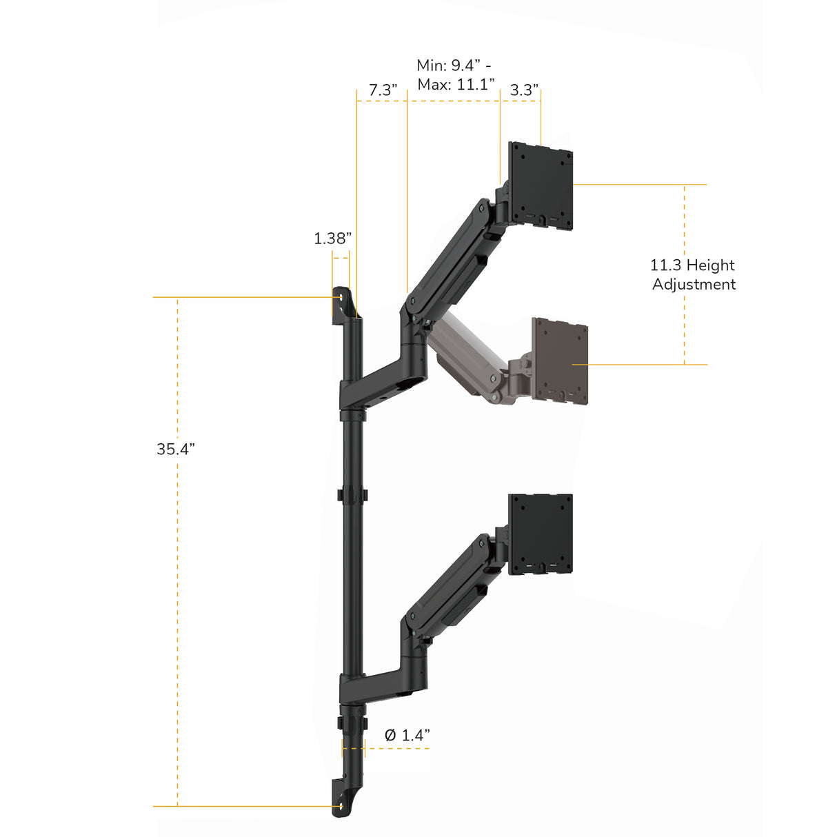Side view of the Mount-It! Heavy Duty Dual Stacked Monitor Wall Mount with Gas Spring in black, featuring 35.4" height, 11.3" adjustment range, detailed arm and mount dimensions, and adjustable arms for ultrawide monitor support and versatile setups.