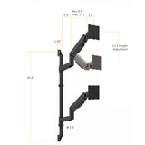Side view of the Mount-It! Heavy Duty Dual Stacked Monitor Wall Mount with Gas Spring in black, featuring 35.4" height, 11.3" adjustment range, detailed arm and mount dimensions, and adjustable arms for ultrawide monitor support and versatile setups.