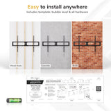 TV wall mount installation kit with templates and instructions on a white background