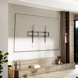 Modern living room with a wall-mounted TV and wooden entertainment unit.