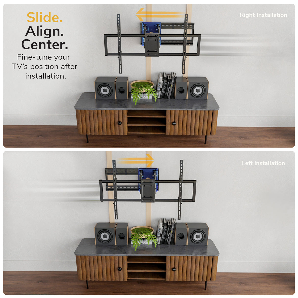 A split comparison showing a wall-mounted TV stand and TV mount in two installation positions: 'Right Installation' at the top and 'Left Installation' at the bottom. The top view includes text reading 'Slide.
