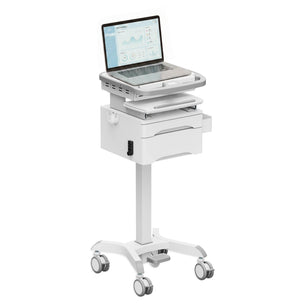 The Mount-It! MedHub Compact Mobile Workstation with Drawers is a white cart with locking casters, modern design, pull-out shelf, storage drawer, and keypad lock—ideal for secure healthcare use and easy mobile documentation.