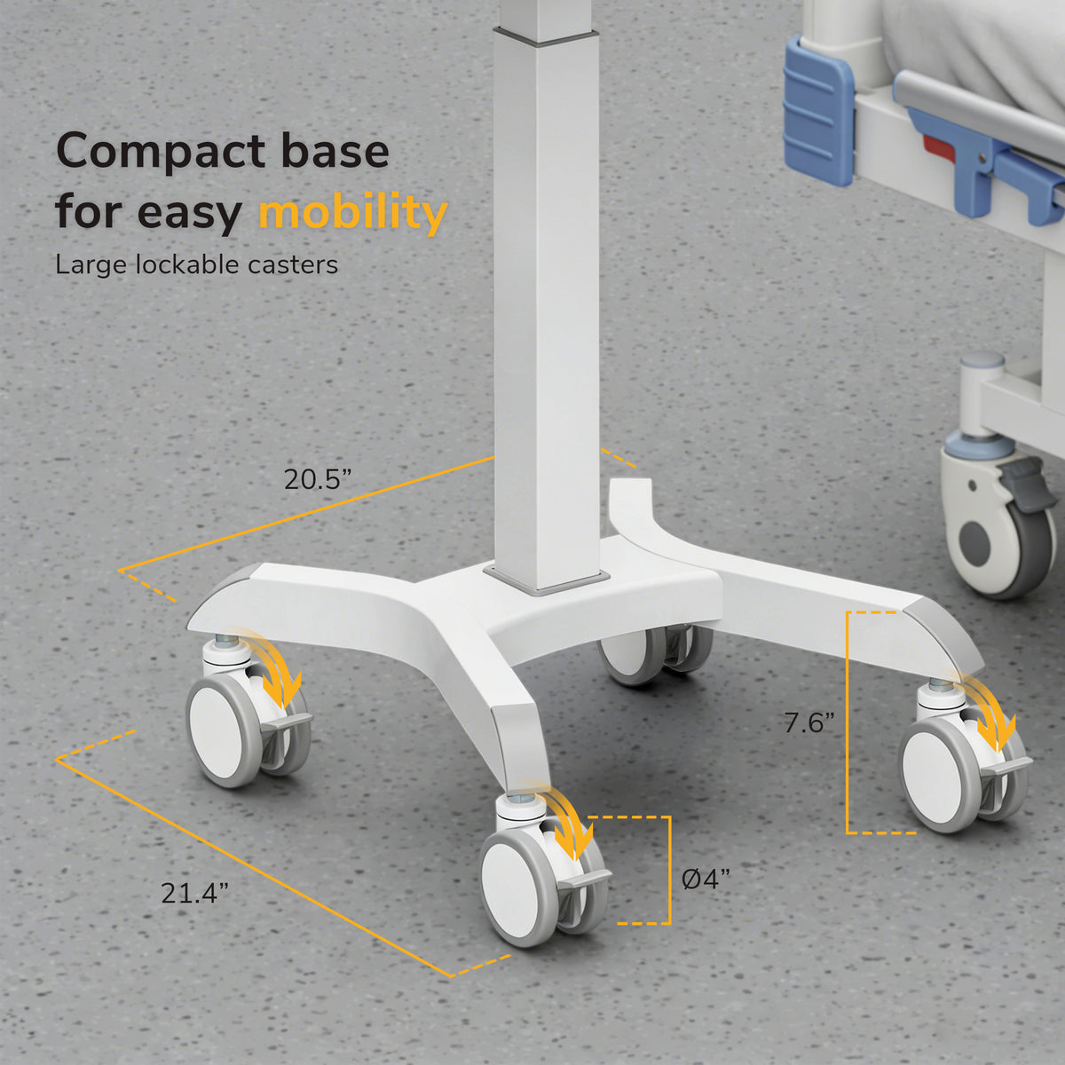 The Mount-It! MedHub Motorized Mobile Workstation, in white, features a compact base (20.5" x 21.4"), 7.6" legs, and four large 4" locking casters. It is shown on a gray floor next to a hospital bed.