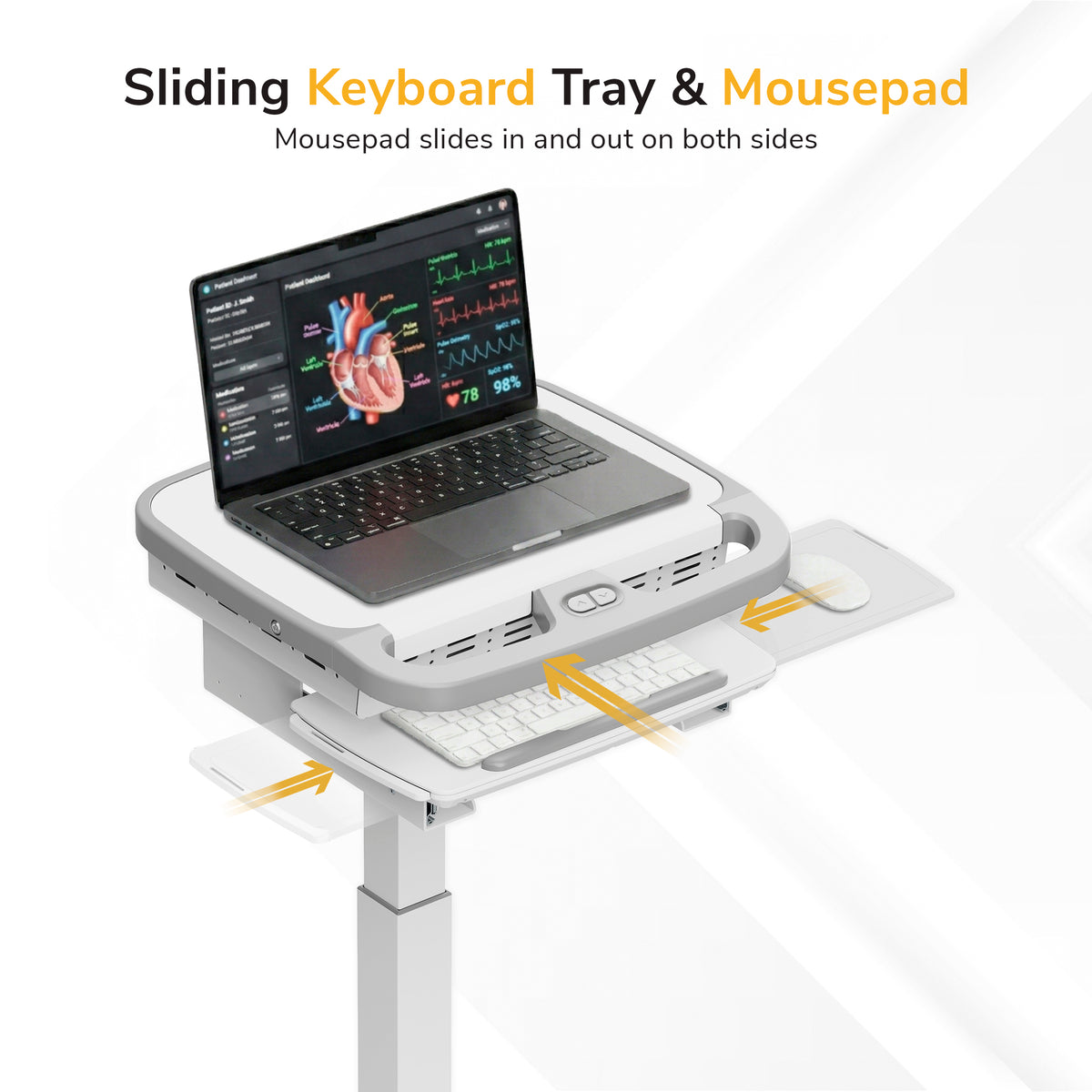 A laptop sits on the Mount-It! MedHub Motorized Mobile Workstation, featuring motorized height adjustment, sliding keyboard tray and mousepad with dual-side access. The screen shows health data graphics; yellow arrows indicate the trays’ sliding motion.