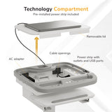 The Mount-It! MedHub Motorized Mobile Workstation features a removable lid, cable openings, AC adapter, and pre-installed power strip with outlets and USB ports for organized device storage. Locking casters provide stability and mobility.