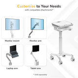 The Mount-It! MedHub Motorized Mobile Workstation offers customizable attachments—monitor mount, arm, laptop or tablet arm—with a secure tech enclosure and locking casters. Text: Customize to Your Needs.