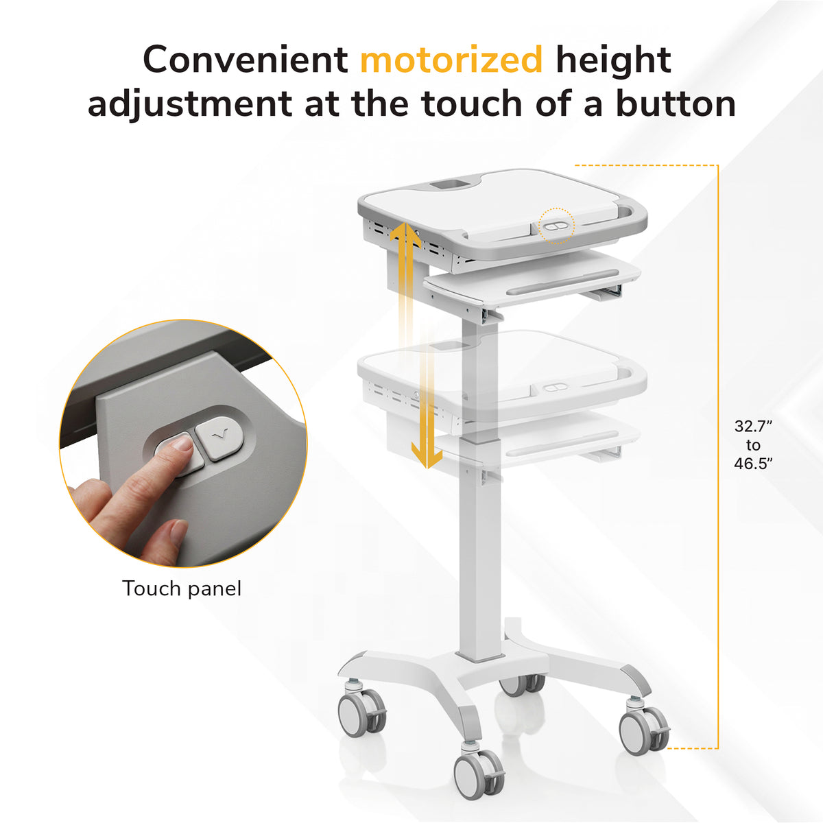 The Mount-It! MedHub Motorized Mobile Workstation is a white rolling cart with motorized height adjustment from 32.7" to 46.5" via touch panel button; inset shows a finger pressing the button. Locking casters provide stability during use.