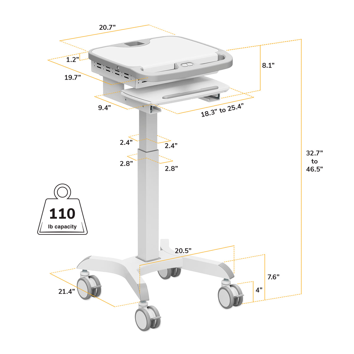 The Mount-It! MedHub Motorized Mobile Workstation offers adjustable height (32.7–46.5"), a lockable storage compartment, pull-out tray, 110 lb capacity, and locking casters for stability; key dimensions are marked with yellow lines.