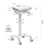 The Mount-It! MedHub Motorized Mobile Workstation offers adjustable height (32.7–46.5"), a lockable storage compartment, pull-out tray, 110 lb capacity, and locking casters for stability; key dimensions are marked with yellow lines.