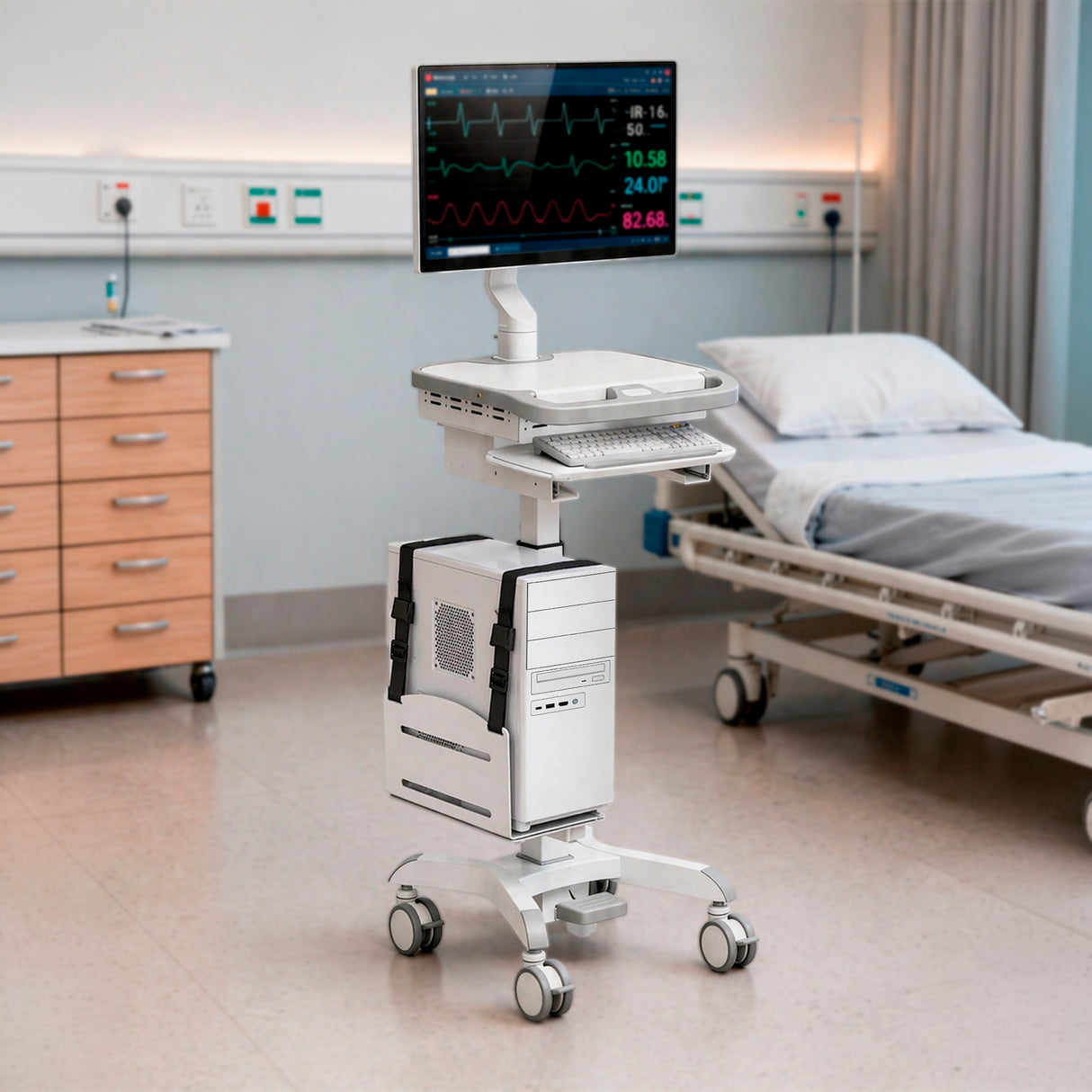 A Mount-It! MedHub CPU Holder, along with a monitor displaying vital signs, keyboard tray, and storage, stands beside a hospital bed in a clean patient room.