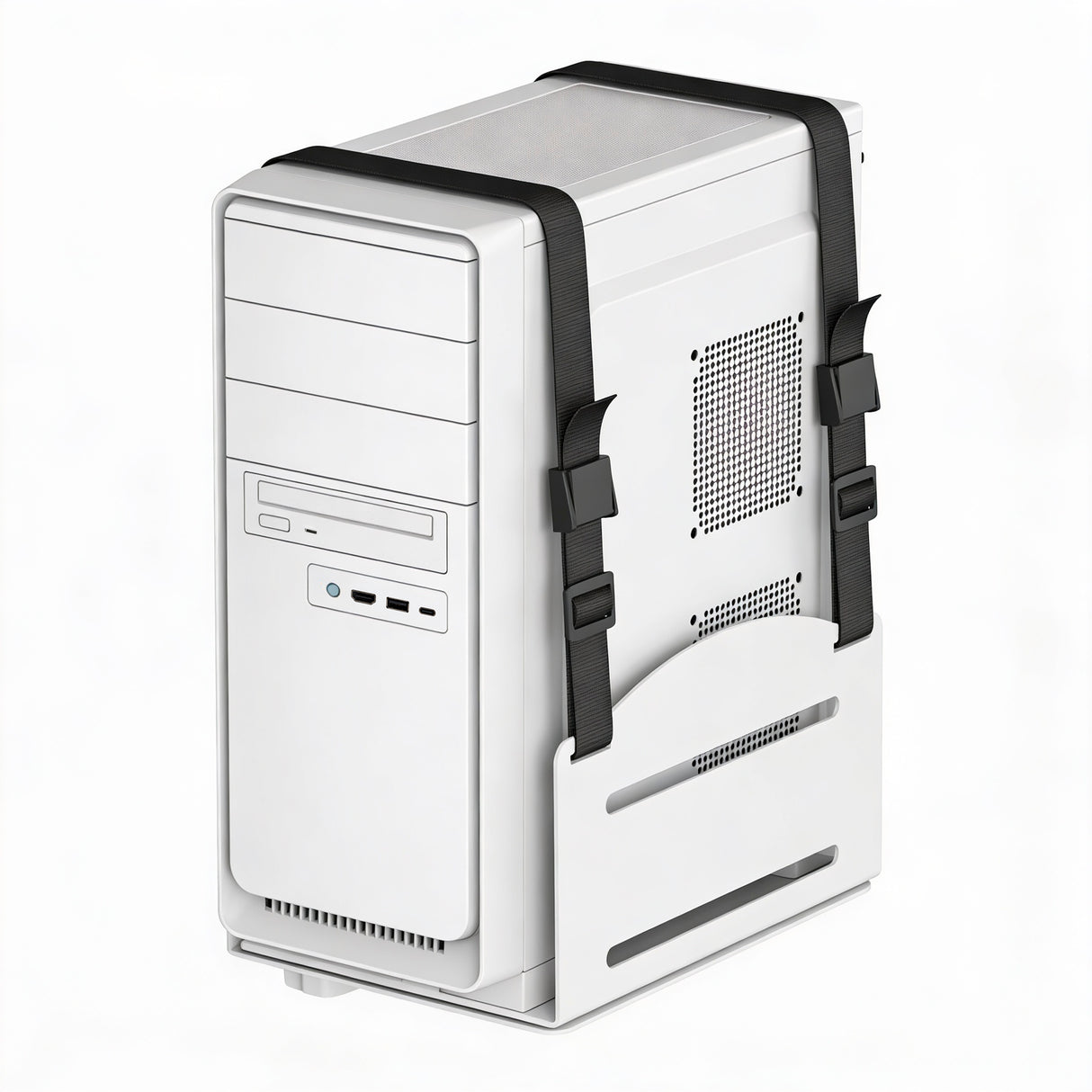 The Mount-It! MedHub CPU Holder, in white, features black adjustable straps and a stable base to prevent movement or tipping. Shown against a plain white background.