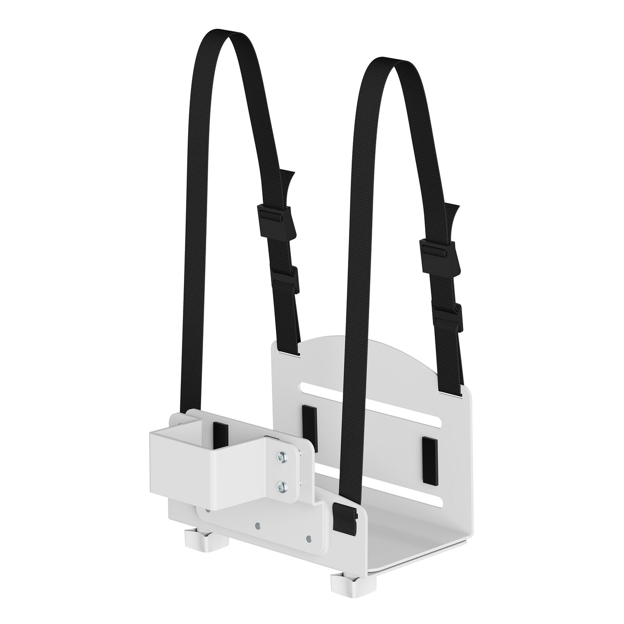 The Mount-It! MedHub CPU Holder is a white metal bracket with two black adjustable straps, support feet, and mounting holes—ideal for securing CPUs or similar objects to walls or surfaces.