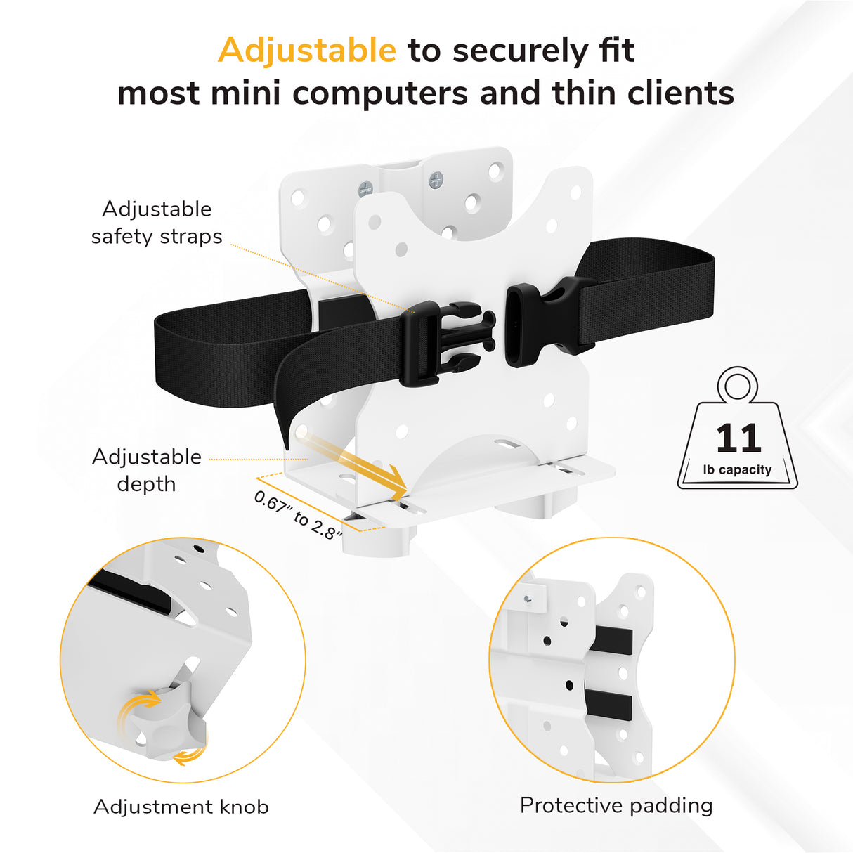 The Mount-It! MedHub Mini CPU Holder features black safety straps, a depth adjustment knob (0.67–2.8"), protective padding, and supports up to 11 lbs—providing a secure, adjustable mounting solution for mini CPUs and thin clients.